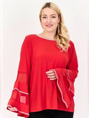 NOTATIONS ❤️RED❤️ EMBELLISHED LONG BELL SLEEVE ROUND NECK TOP SIZE LARGE🌟NWT🌟
